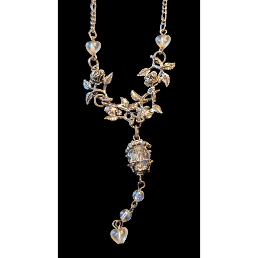 Romantic Rose Vine Lariat Necklace Glass Silver Tone Adustable Feminine